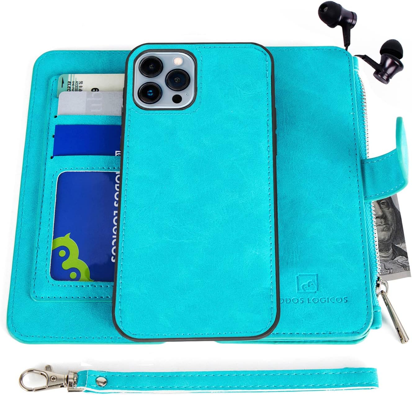MODOS LOGICOS Case for iPhone 13 Pro 6.1", [Detachable Wallet Folio][Zipper Cash Storage][Up to 14 Card Slots 1 Photo Window] PU Leather Purse with Removable Inner Magnetic TPU Case - Teal