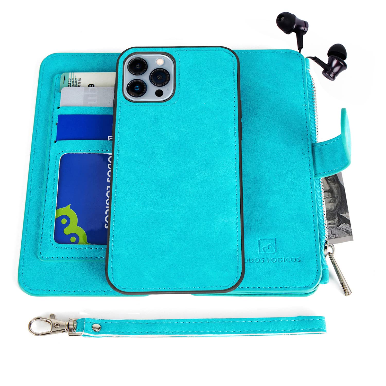 MODOS LOGICOS Case for iPhone 13 Pro 6.1", [Detachable Wallet Folio][Zipper Cash Storage][Up to 14 Card Slots 1 Photo Window] PU Leather Purse with Removable Inner Magnetic TPU Case - Teal