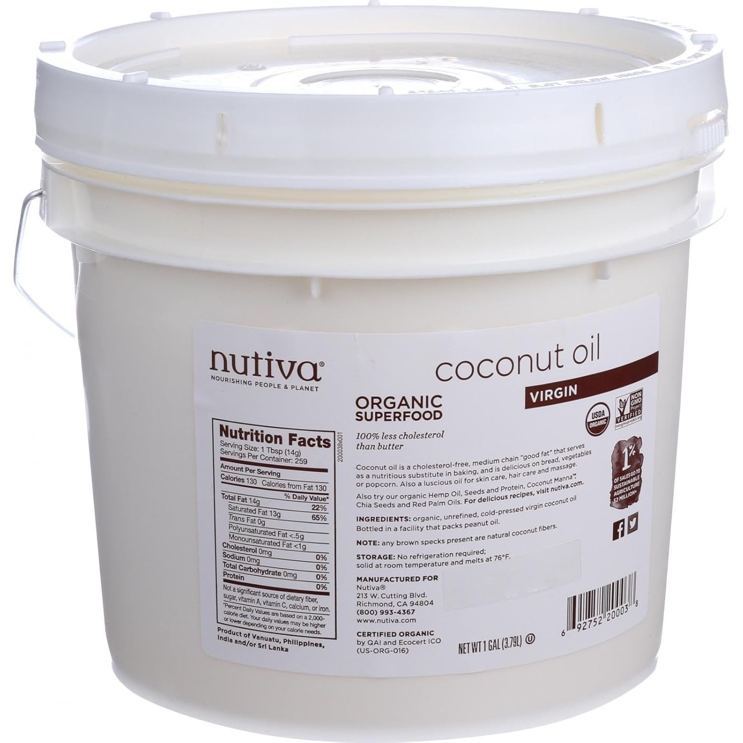 Nutiva Organic, Unrefined, Virgin Coconut Oil, 1-gallon