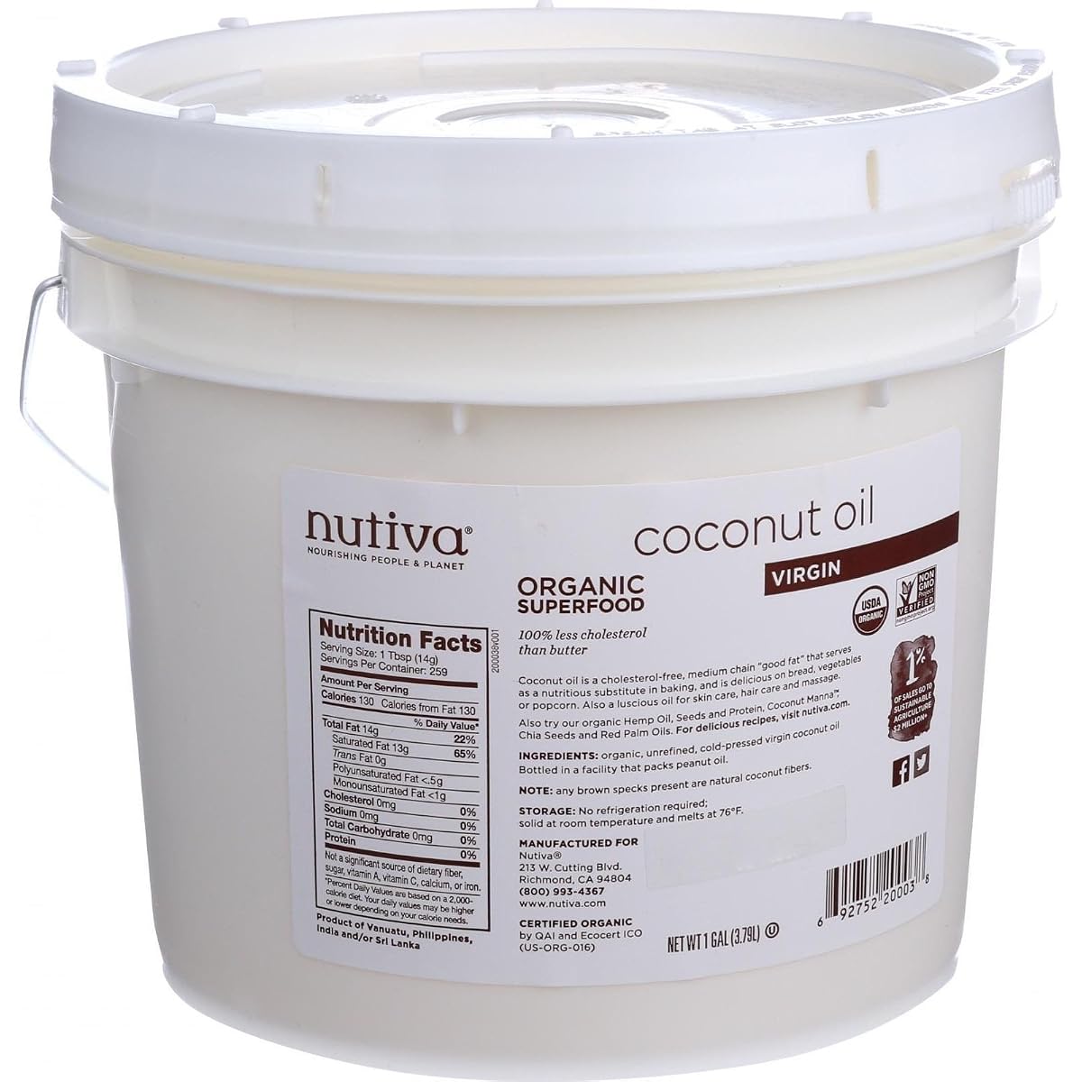 Nutiva Organic, Unrefined, Virgin Coconut Oil, 1-Gallon