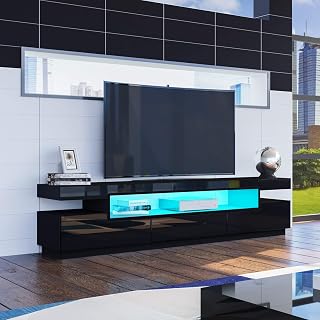 Senvoziii LED TV Stand Cabinet Unit 160cm Modern Black High Gloss TV Entertainment Unit Sideboard Storage Cabinet with 3 Drawers for Living Room