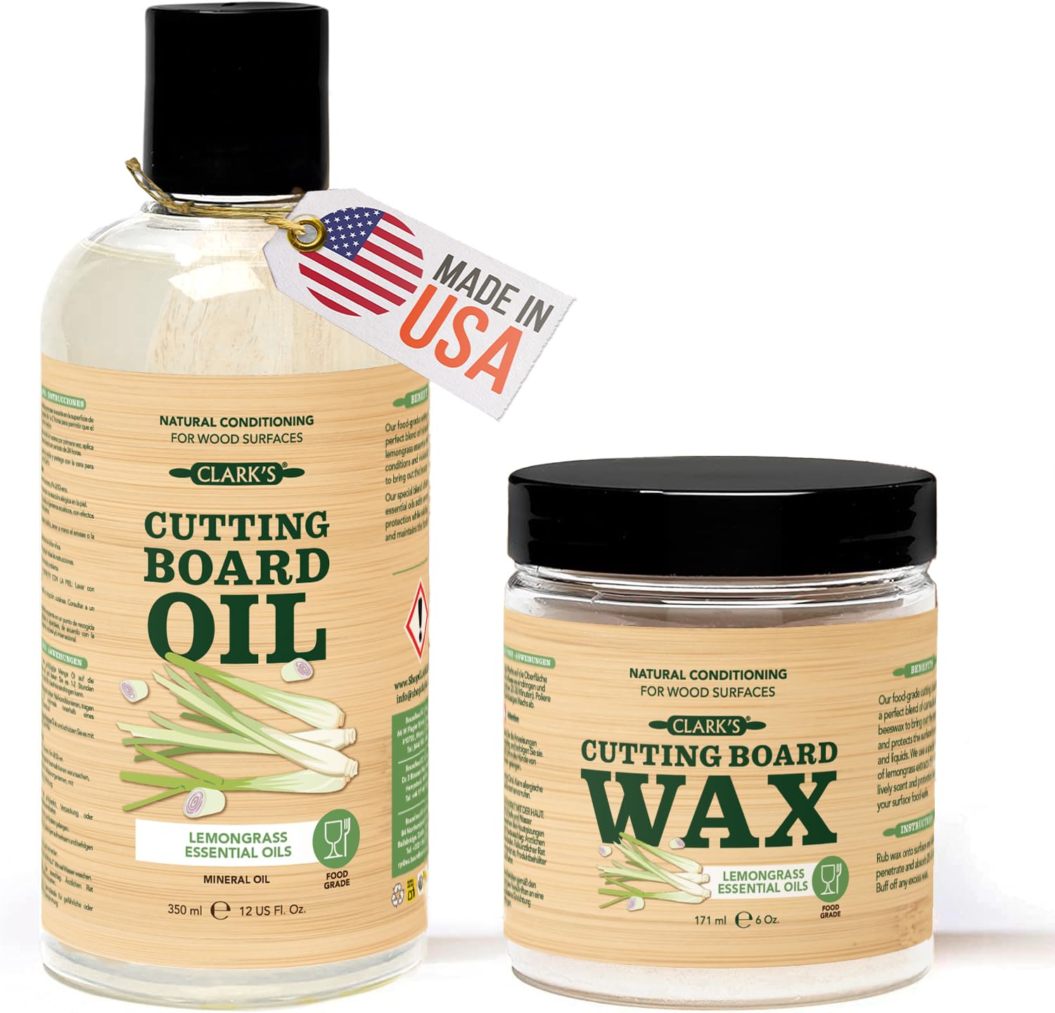 CLARK'S Bamboo Board Oil & Wax (2 Bottle Set) - Includes Bamboo Board Oil (12oz) & Bamboo Finish Wax (6oz) - Lemongrass Extract Enriched