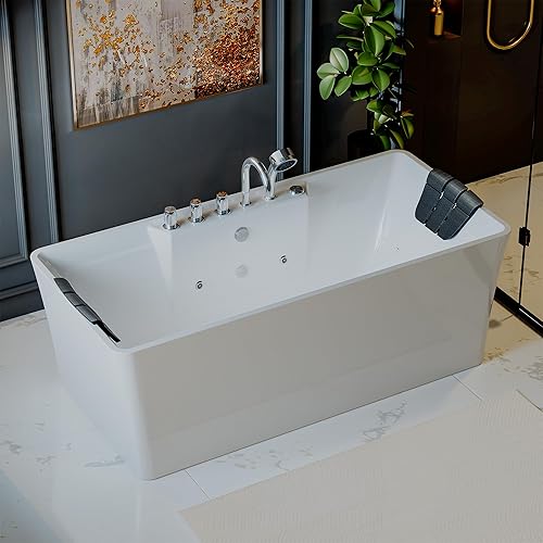 Empava Bañera de hidromasaje independiente de 67 pulgadas con 8 chorros de lujo de acrílico para masaje, bañera de doble extremo, color blanco