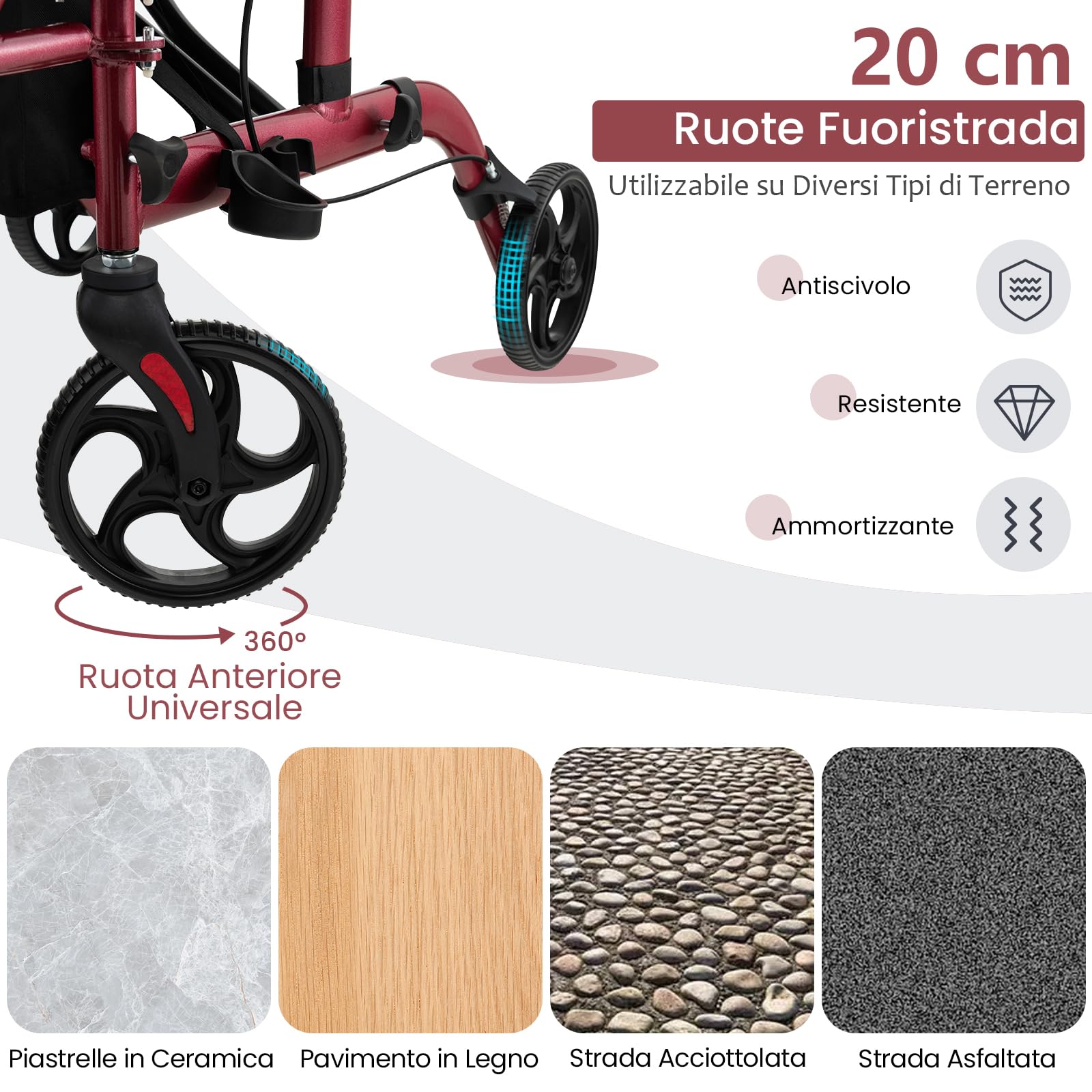 COSTWAY Deambulatore per Anziani Pieghevole con Seduta e 4 Ruote, 2 in 1 Deambulatore e Sedia a Rotelle con Schienale Reversibile, Maniglia Regolabile, Freno a Mano, Porta Ombrello e Borsa (Rosso)