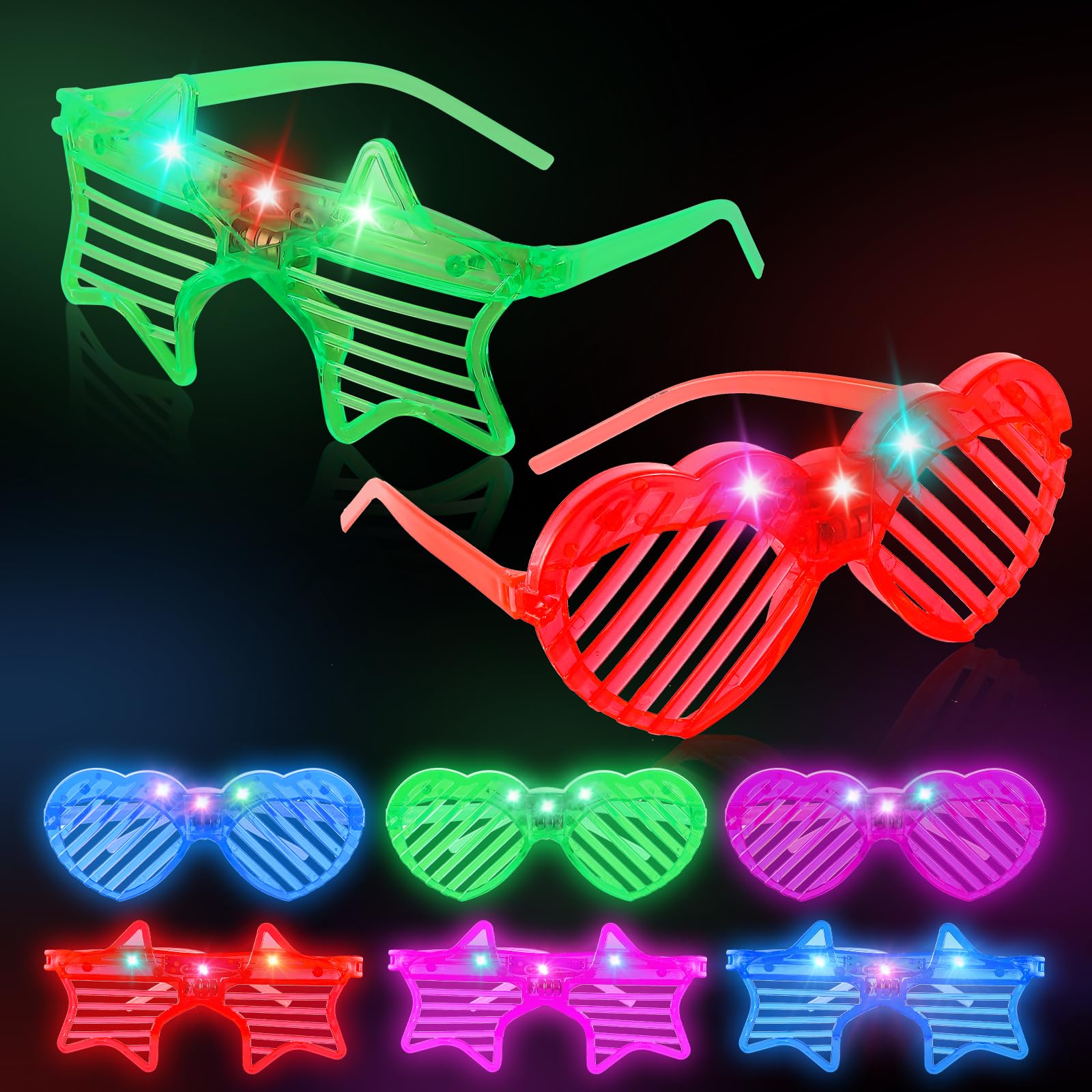 Neon Glasses Party - 8 Packs Shutter Glasses Flashing Heart Star Rave Sunglasses for Kids Adults - Light up Party Eyewear Glow in the Dark