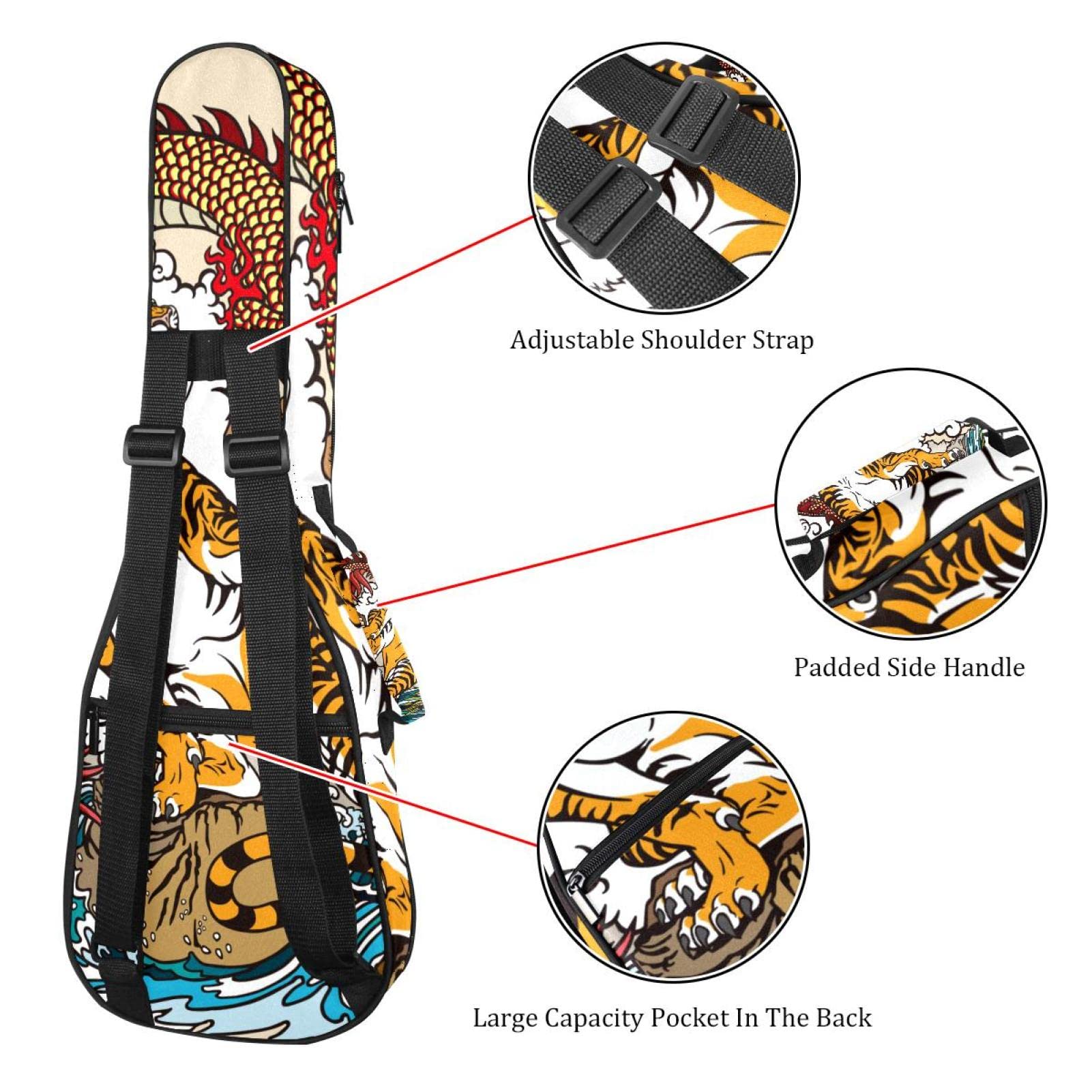 Sac à dos robuste pour ukulélé de concert - Sac de rangement pour ukulélé soprano - Sac rembourré de 10 mm - Motif tigre chinois