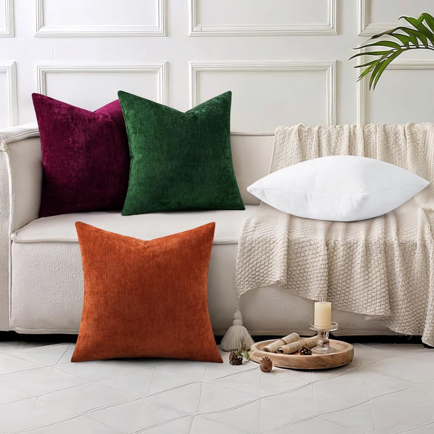 decorUhome Chenille Moss Green Spring Euro Sham Throw Pillow Covers 24x24 Inch Set of 2, Decorative Soft Couch Pillow Covers Solid Dyed Accent Farmhouse Neutral Square Pillow Cases for Sofa - Image 6