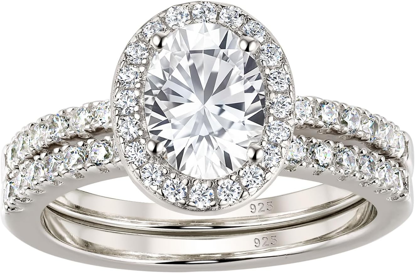 Wuziwen Halo Oval Cut Wedding Ring Sets for Her 925 Sterling Silver Engagement Rings for Women