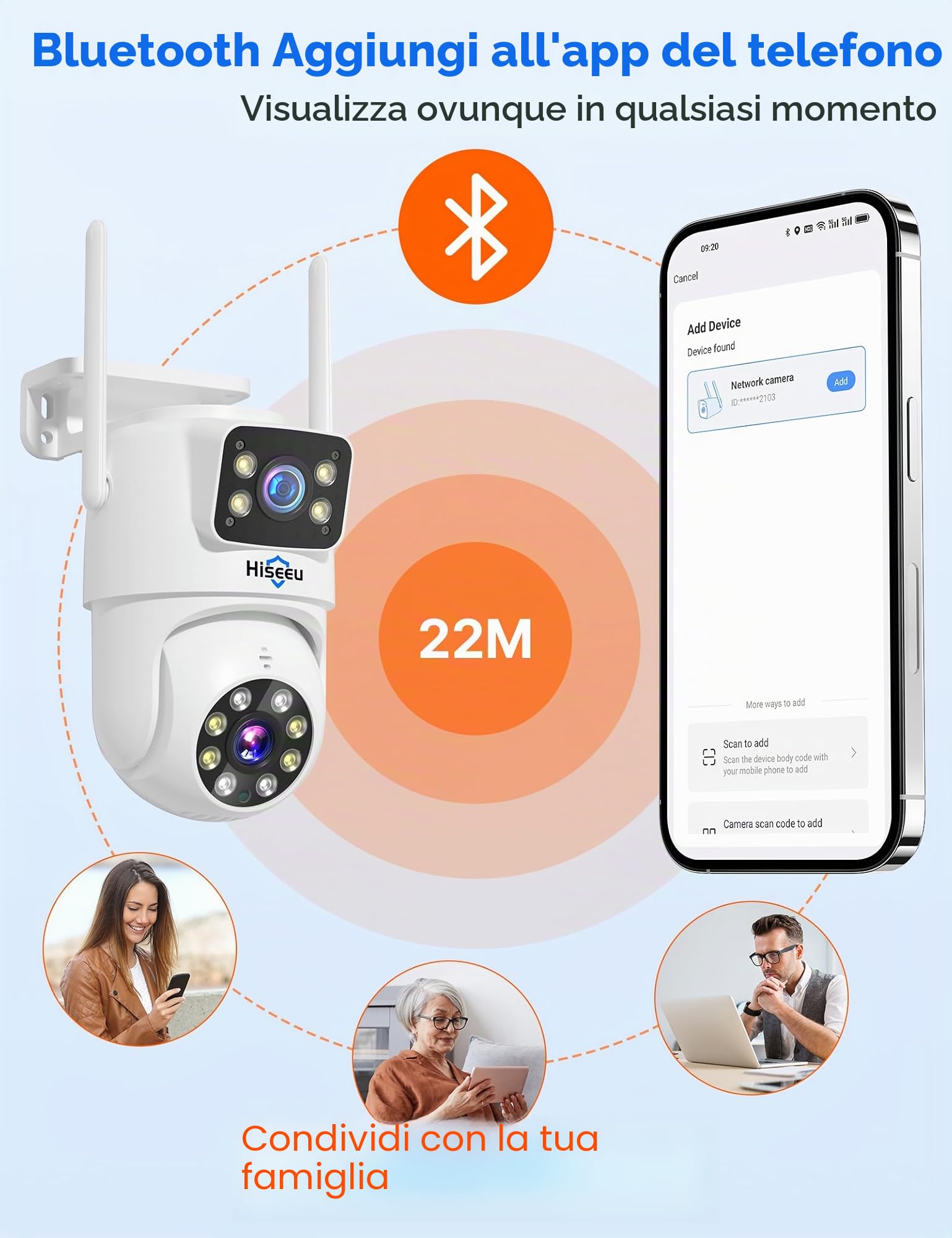 Hiseeu 【Doppia Lente 2K Telecamera Wi-Fi Esterno con 8X Zoom Digitale, 3MP PTZ Videocamera Sorveglianza, Tracciamento Auto Rilevamento Umano Visione Notturna a Colori Allarme Sonoro e Luminoso Alexa