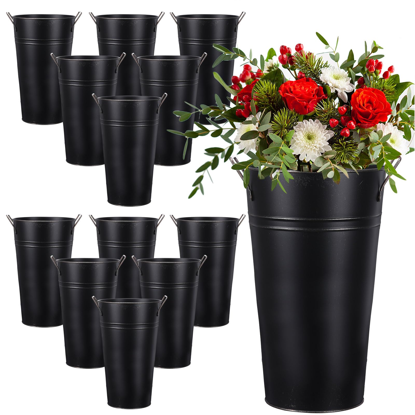 Vase en métal galvanisé avec poignée : lot de 12 seaux noirs rustiques de 30,5 cm