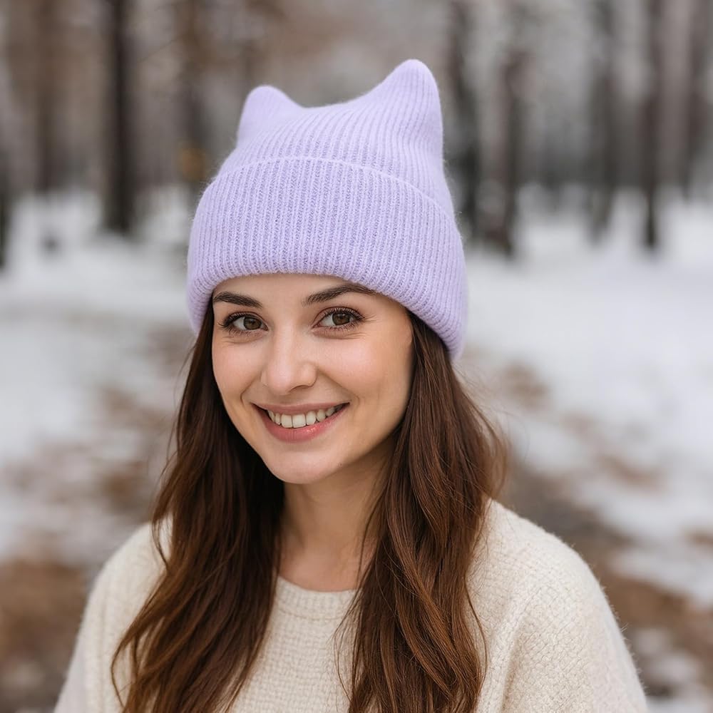 Women Cat Ear Beanie Hat Halloween Cat Ear Beanies Knit Crochet
