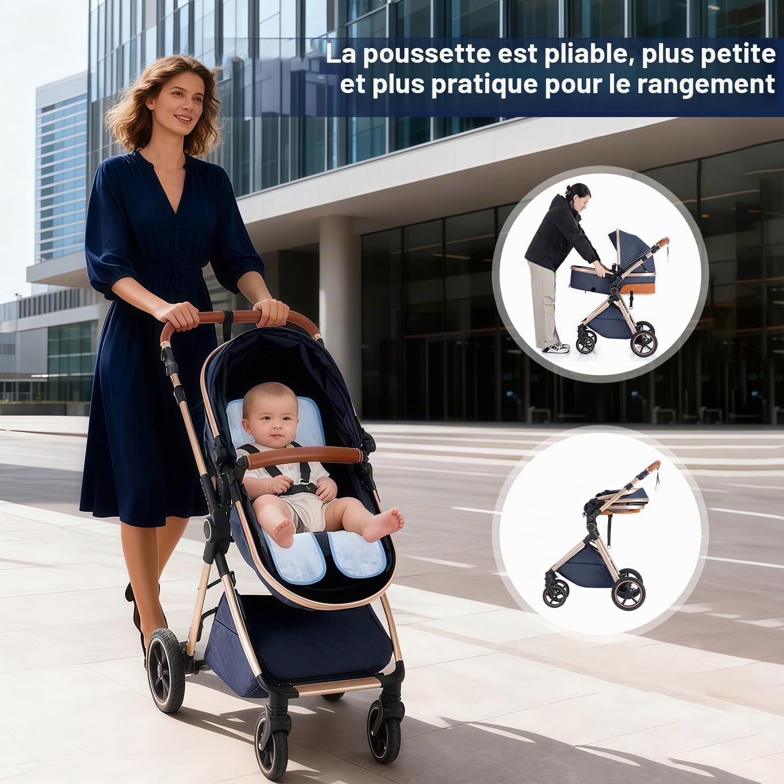 Gcarebb Système de voyage 3 en 1 avec base Isofix, poussette avec poignée réglable en hauteur, landau de voyage avec housse de pluie, poussette pour bébé avec cadre en aluminium pour nouveau-né