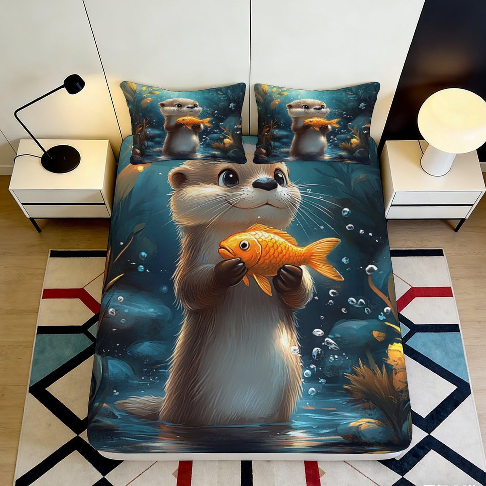 Uynsixtme Style-4 3D Printed Otter Fish Fitted Sheet Microfiber Deep Pocket Non-Slip Otter Fish Mattress Fitted Cover Bedroom Bedding For Adults Teens 140X200x25cm