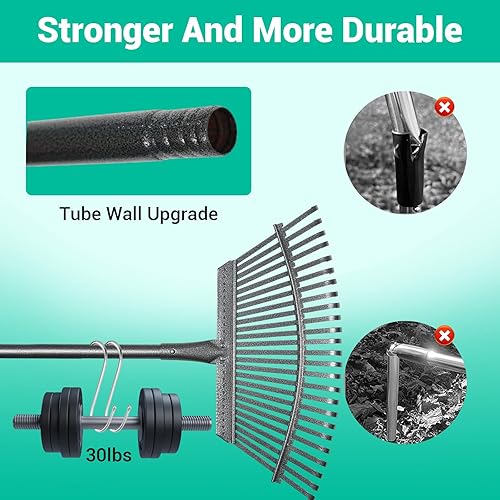 Miniatura 2 de Rastrillo de jardín ajustable para hojas de 36 a 73 pulgadas de mango largo, 18 pulgadas de ancho, resistente con 25 dientes de metal, incluye