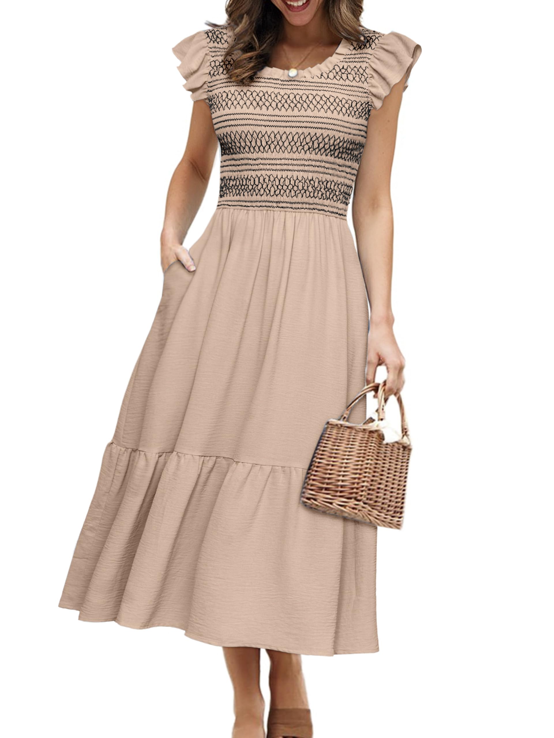 Simplee Womens Summer Midi Dress Casual Boho Smocked Waist Flutter Sleeve A Line Flowy Tiered Dress with Pockets