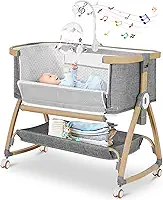 Berço De Cabeceira Para Bebê, 3 Em 1 Dormir Ao Lado Da Cama, Balanço Bebê Com Colchão, Móbile, Mosquiteiro, Cesto Armazenamento, Ajustável 6 Alturas Rodas Recém-Nascidos