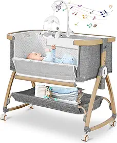 Berço De Cabeceira Para Bebê, 3 Em 1 Dormir Ao Lado Da Cama, Balanço Bebê Com Colchão, Móbile, Mosquiteiro, Cesto Armazenamento, Ajustável 6 Alturas Rodas Recém-Nascidos
