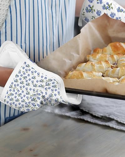 Miniatura 6 de Blue Flower - Juego de 5 soportes para ollas para cocina, antideslizantes y aislantes de calor, juego de agarraderas de tela de toalla con bolsillo,