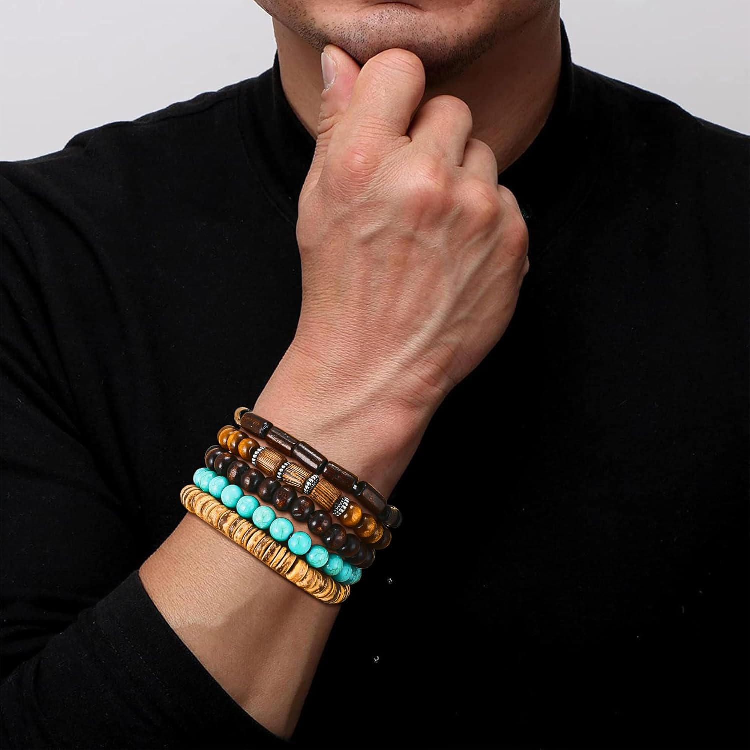 31 Pcs Wooden Beads Bracelets Set for Women Men Multi-Layered Wood Metal Wristbands Elastic Stretch Bohemian Bangle Bracelet Stack Adjustable - Image 5