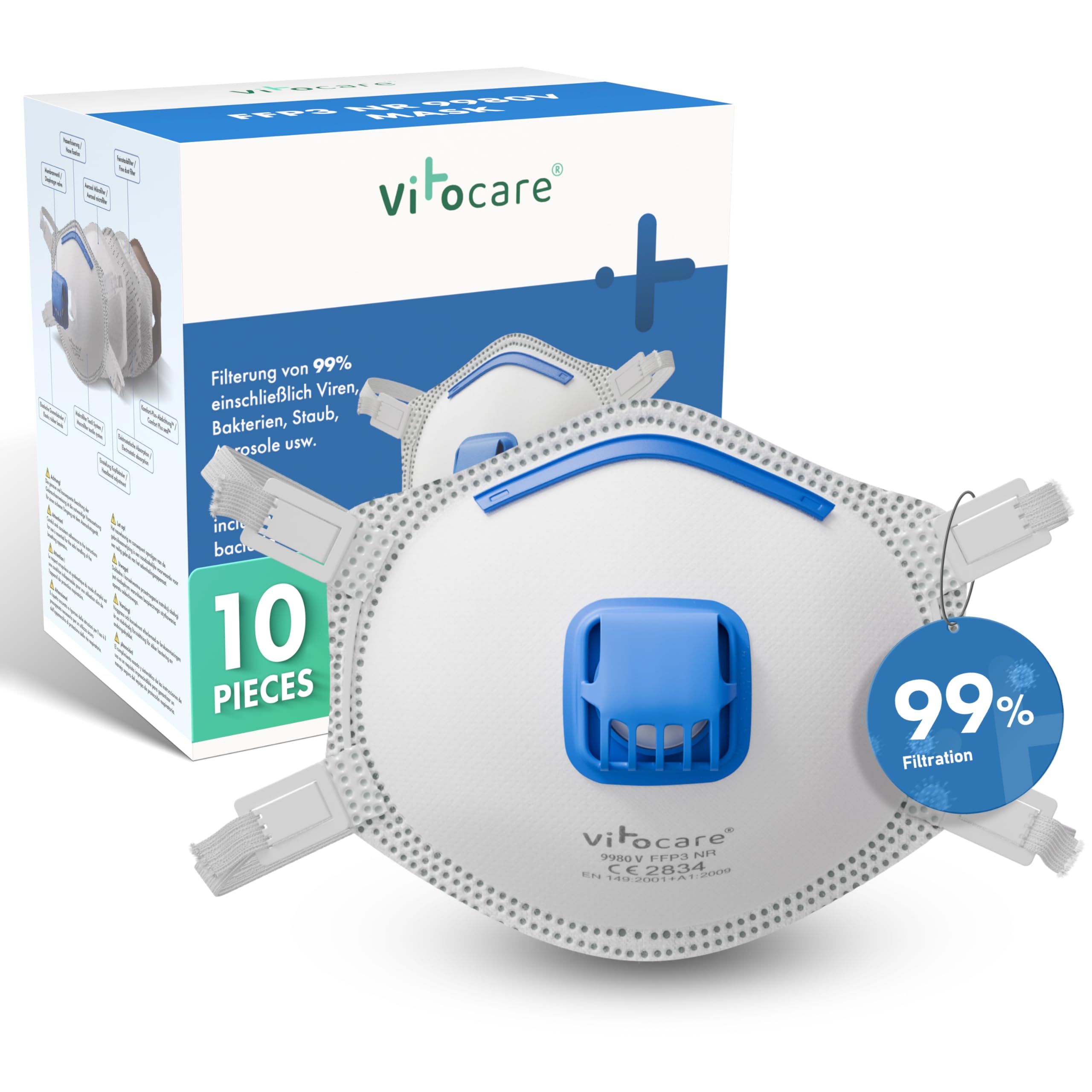 Maschera FFP3 con valvola, selezionabile 5x, 10x o 20x con nasello regolabile, forma ergonomica, microfiltro aerosol, respiratori
