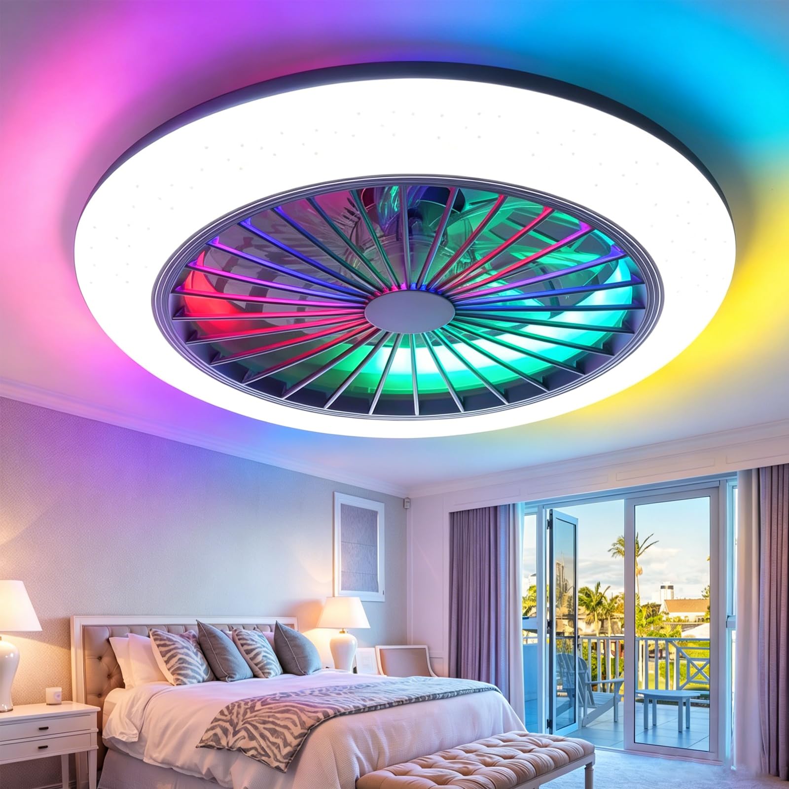 SXDMOUBK Modern LED Fan Lights Ceiling,RGB Ceiling Fan,Timer Quiet Ceiling Fan Light Reversible 6 Speeds Ceiling Fans with Lights and Remote,3000K-6000K Dimmable,for Bedroom Living Room