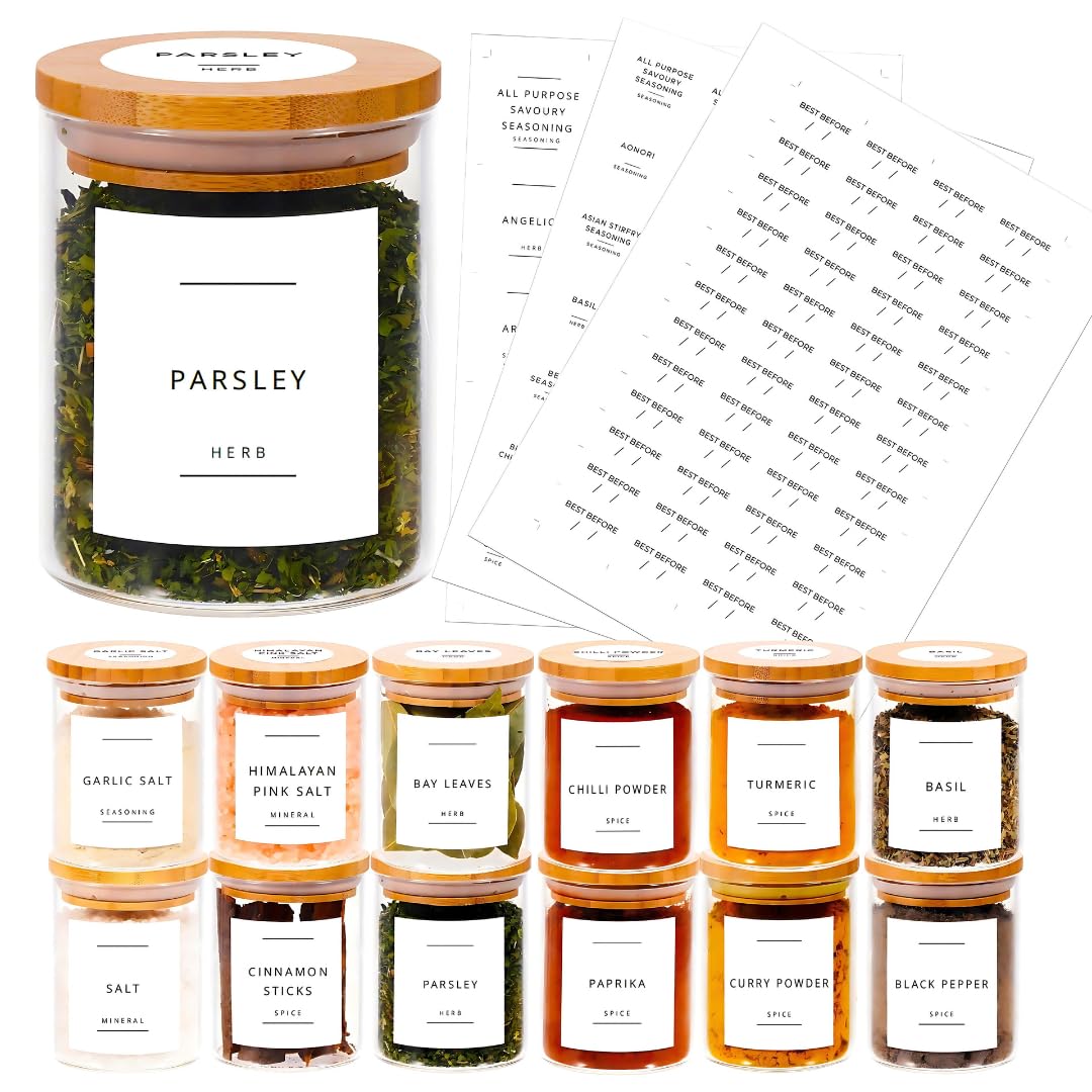 12pcs Bamboo Glass Spice Jars Set - 200ml Airtight Glass Jars With Bamboo Lids - Spice Jars With Lids And Labels Waterproof Labels For Herbs, Spices & Seasoning (200ml/12pcs)