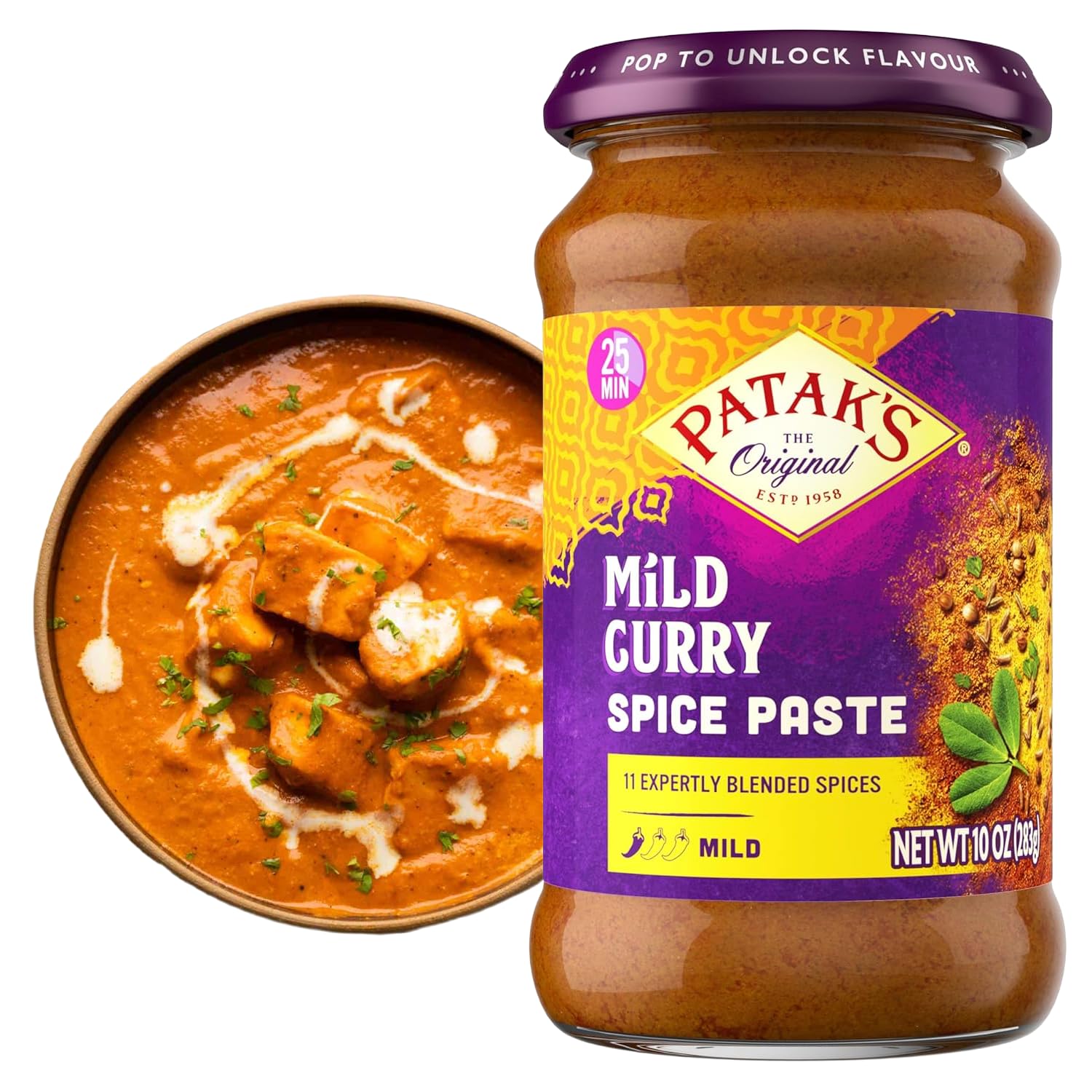 Patak’s Mild Curry Spice Paste - Mild Indian Cooking Paste with Freshly Ground Spices - Ideal for Chicken, Vegetables, and One-Pot Meals - Warm Aromatic Curry Base - 10oz Jar (Pack of 1)