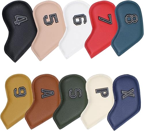 Scott Edward Juego de fundas de hierro para golf, juego de fundas de cuero para cabeza de golf, cuello largo, protege claramente el club, etiqueta