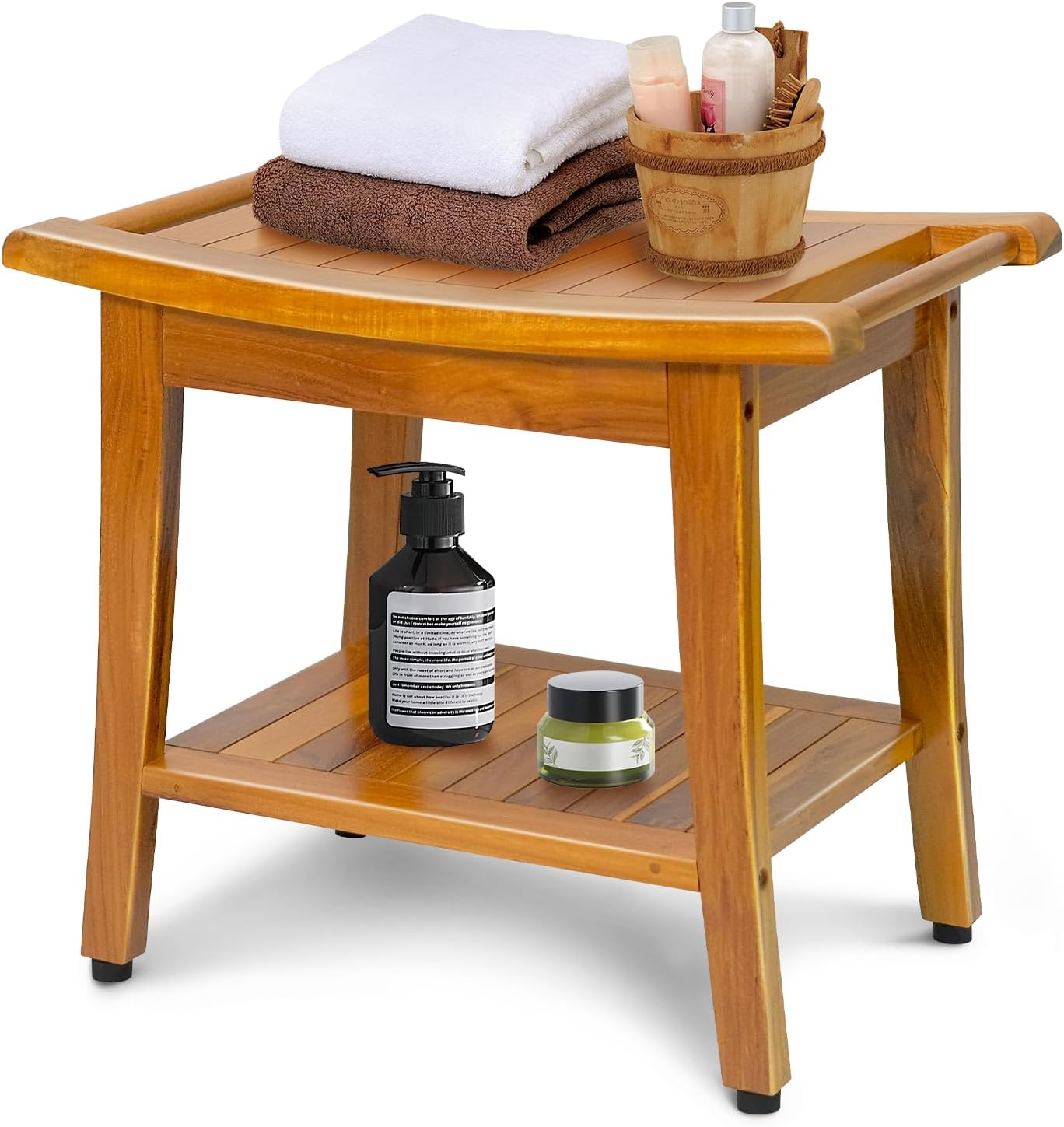 20" Premium Teak Shower Bench with Shelf & Handle, Solid Teak Shower Stool, Durable Waterproof Seat for Inside Shower, Teak Wood Bench for Bathroom, Indoor & Outdoor Use 20"W x 13.5" Dx 18"H