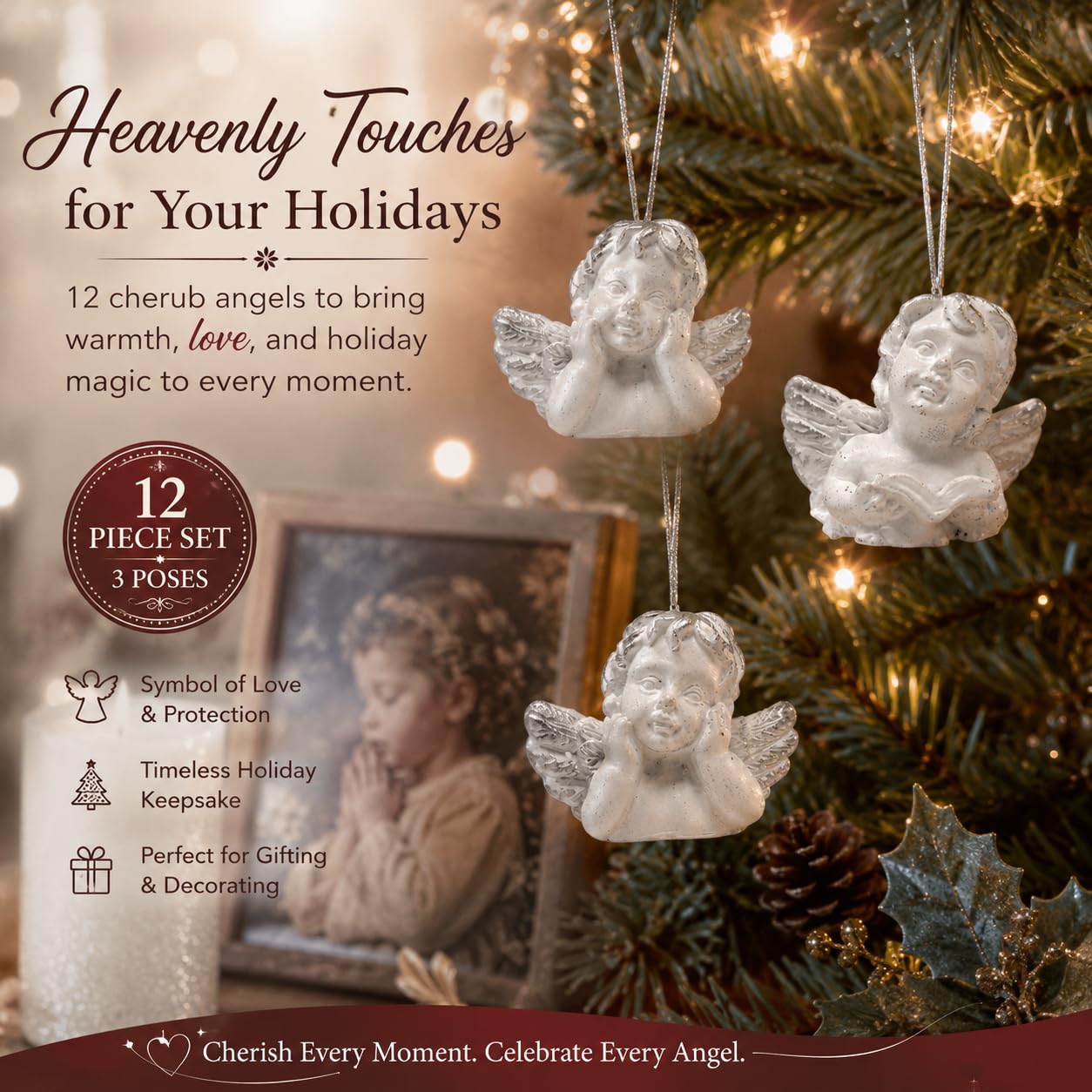 BANBERRY DESIGNS Mini Angel Cherub Christmas Ornaments - Set of 12 Miniature Angels Assorted Poses - Painted Bright White with Silver Accents - Approx. 1 Inch