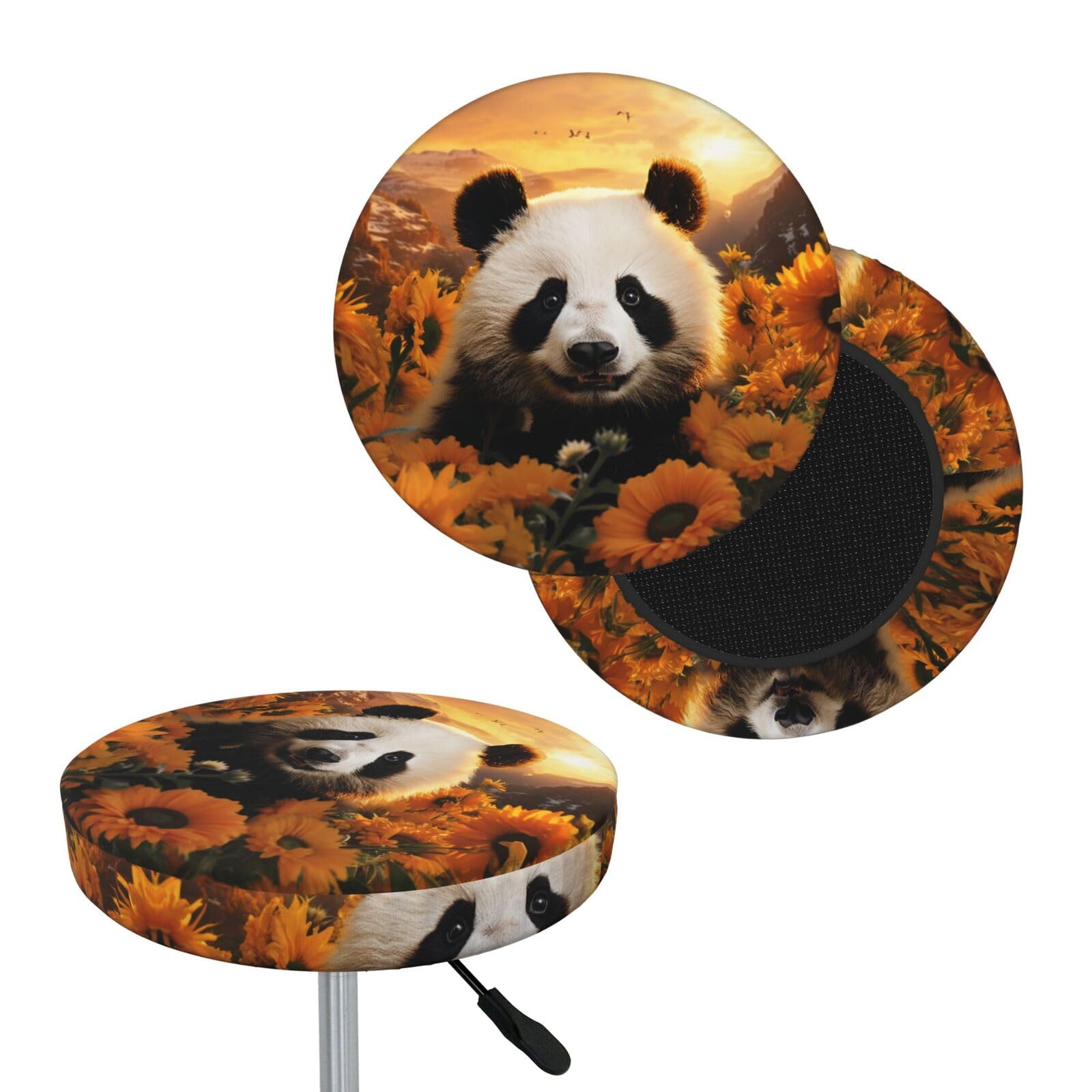 FodPand Panda and Sunflower Bar Stool Cover Round Elastic Stool Cushion Covers Washable Bar Stool Chair Slipcover Stretch Stool Seat Covers for 12-14 Inch Chair