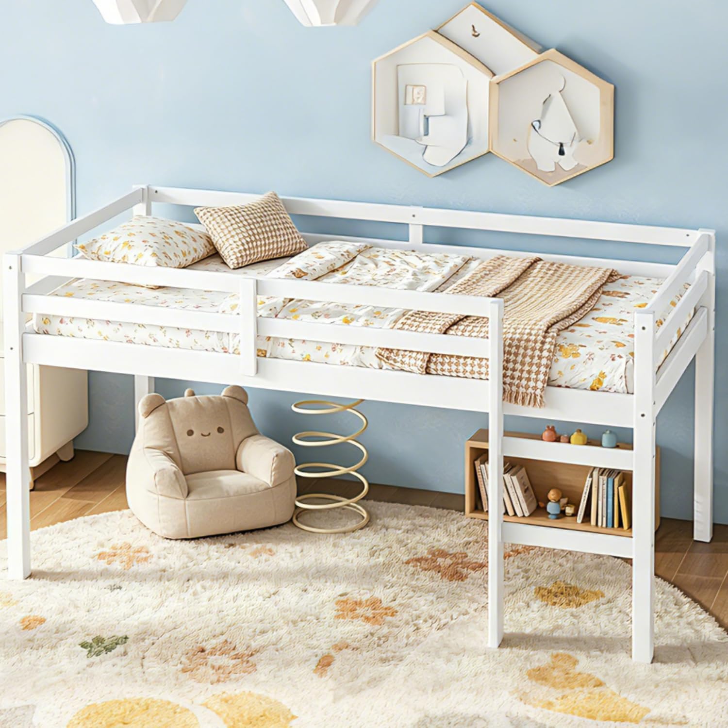 Bellemave Low Loft Bed Twin Size Rubber Wood, Solid Wood Twin Loft Bed for Kids with Safety Guardrails & Wide Ladder, Kids Loft Bed Frame with Slats Loads 200 LBS, No Box Spring Needed, White