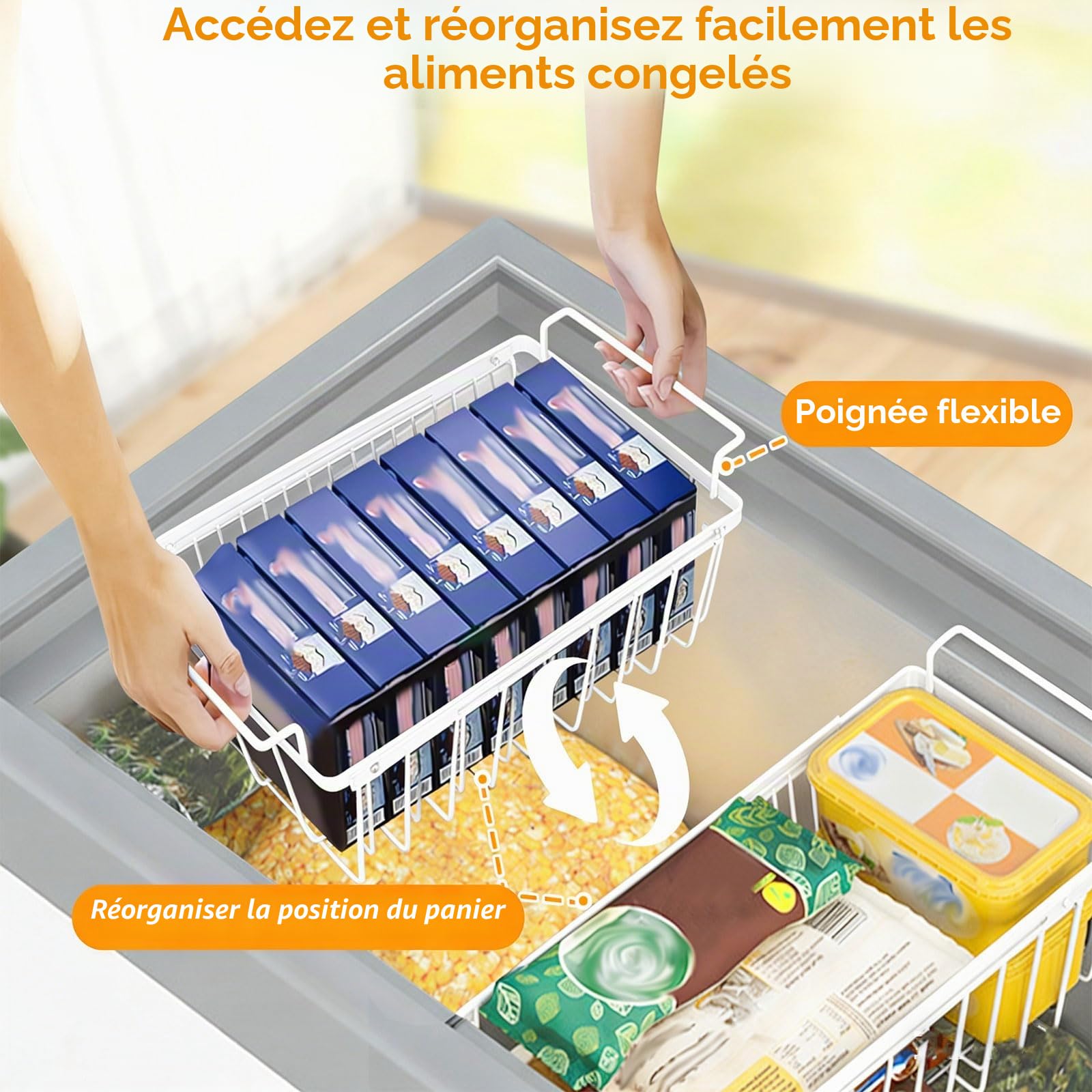 BigKing 2 PCS panier congelateur coffre extensible, organiseurs congélateur | extensible, longueur réglable de 39 à 59,5 cm, panier pour congélateur avec poignées, panier de rangement peu encombrant