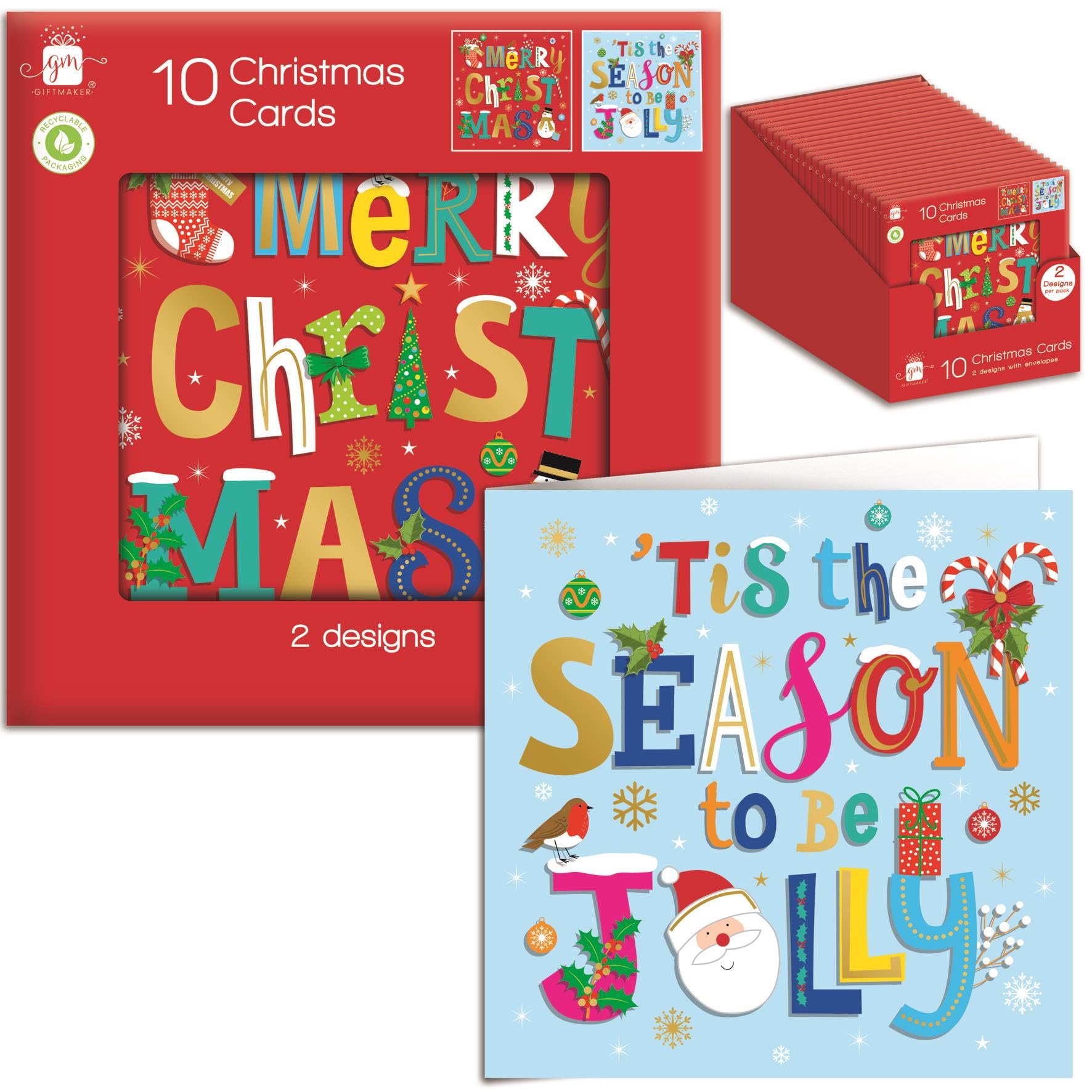 Tom Smith Giftmaker Pack 10 Square Christmas Cards 2 Festive Whimsical Typography Designs 14cm