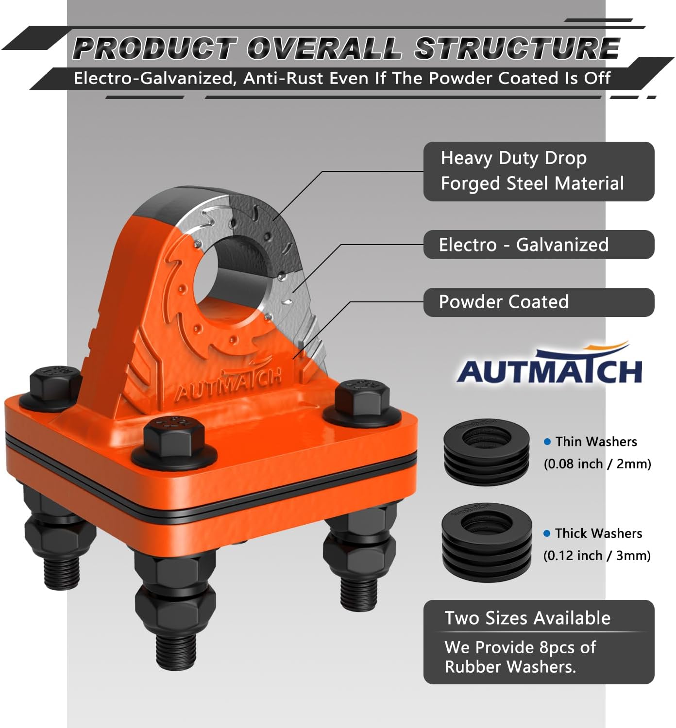 AUTMATCH Mega D Ring Shackles with Shackle Mount, Bolt On Clevis Mount Bumper Shackle Bracket, Use with Tow Strap, Winch, Off-Road Vehicle Recovery Truck, Orange