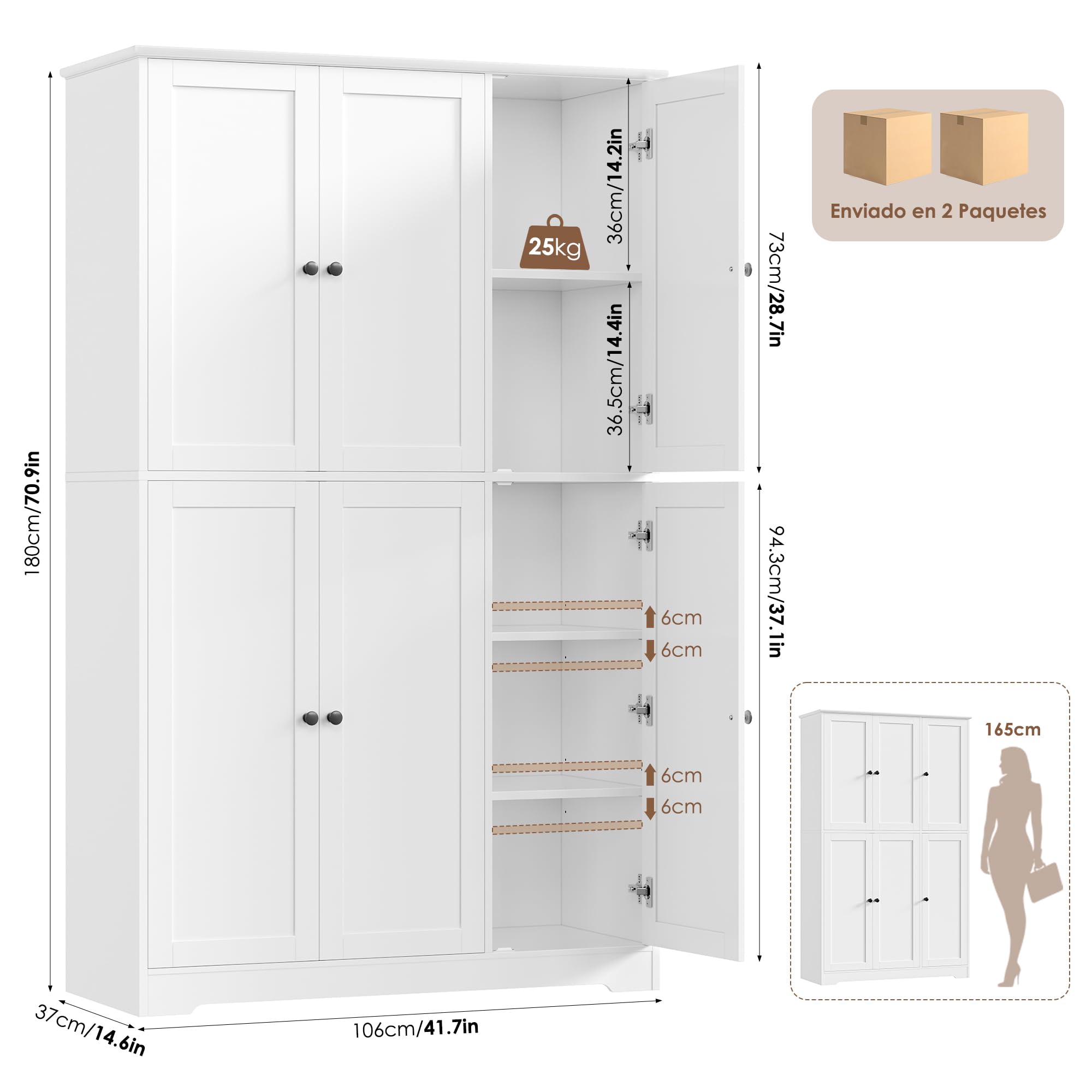 FirFurd Alacena Cocina, Armario Cocina Almacenaje, 6 Puertas | Muebles de Cocinas, Armario Despensa Cocinas, Estantes Ajustables, Blanco, 106x37x180cm