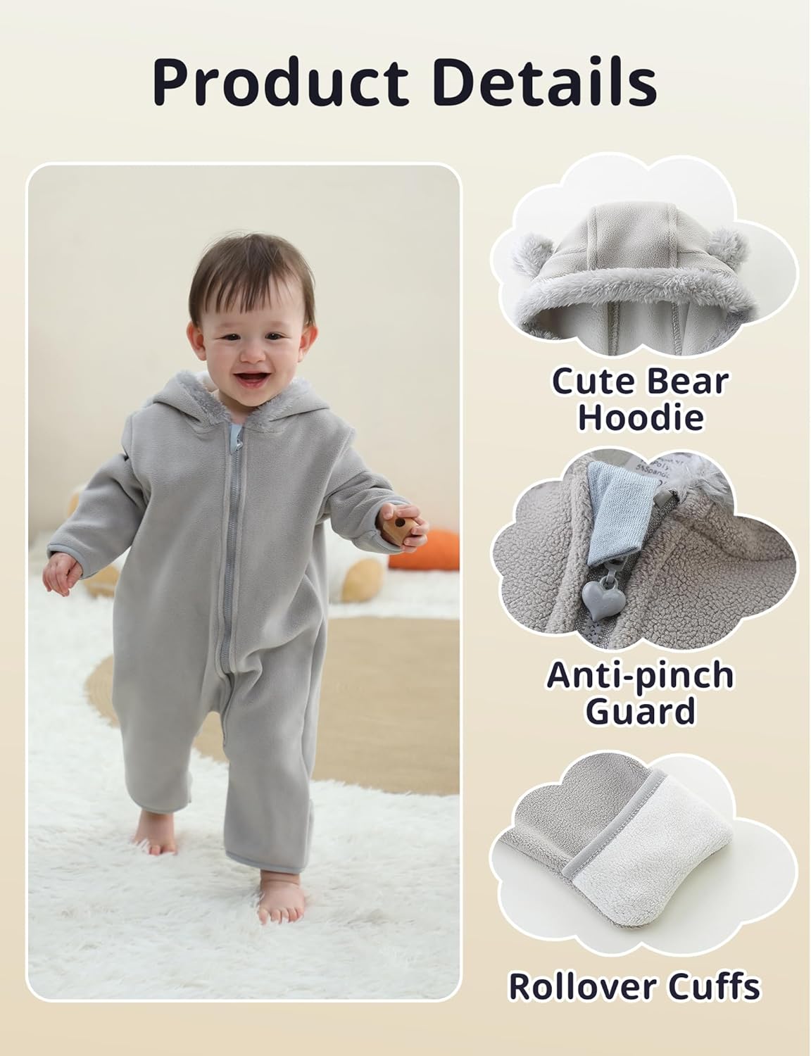 Baby Fleece Bodysuit Infant Boy Girl One Piece Bear Hooded Outerwear Snowsuit For Winter - Image 4