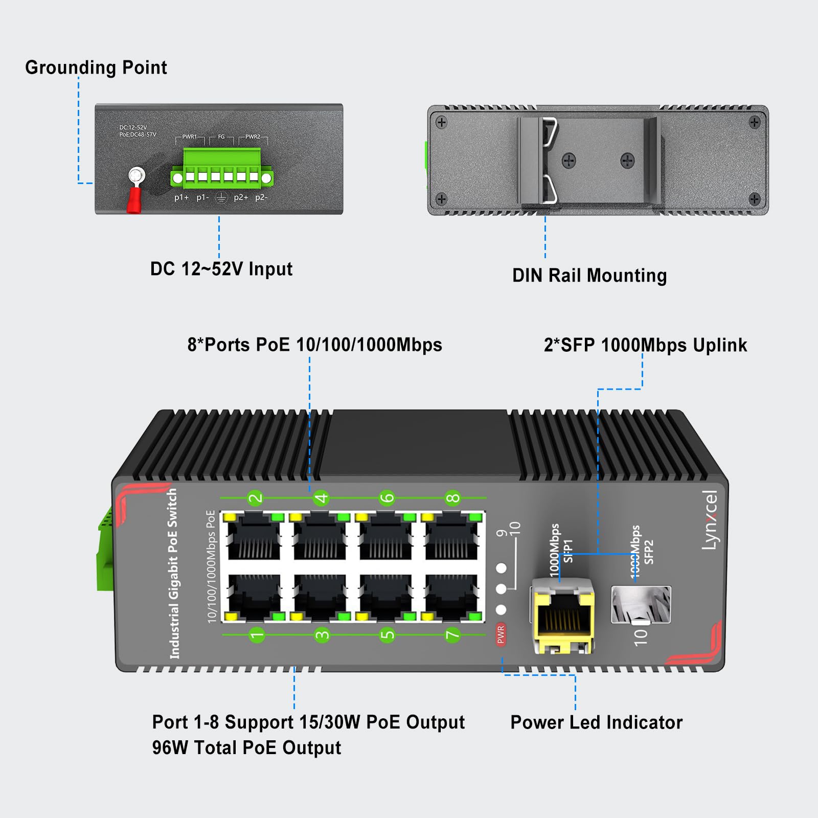 Switch Ethernet industriale Gigabit PoE a 8 porte, 96 W PoE Budget 48-57 V, 2 slot SFP Gigabit con un modulo 1000Base-T, switch PoE su guida DIN non gestito, con alimentatore
