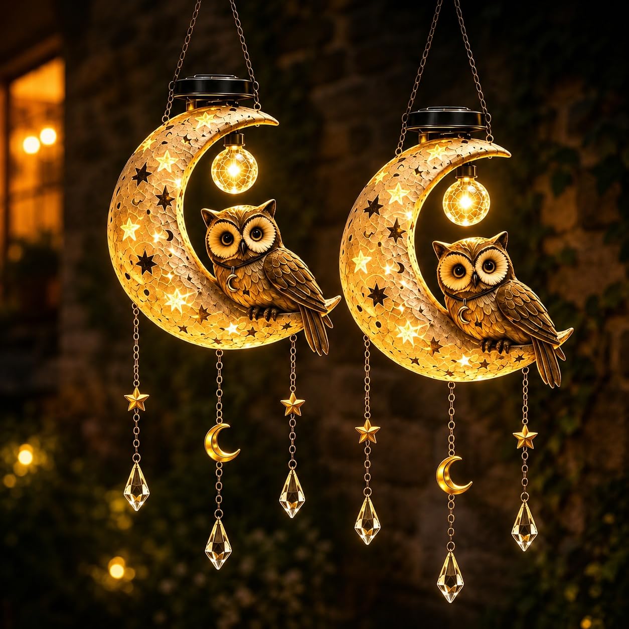 Gufo luna crescente luci solari lanterna appendere giardino esterno
