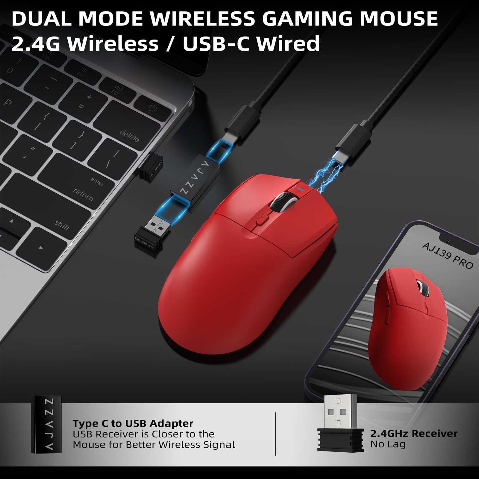 AJAZZ AJ139 PRO X SUPERLIGHT Ratón Inalámbrico para Juegos,Ultraligero(59g),Pixart PAW3395 Sensor óptico,26000DPI,2.4 Ghz/USB C Cable,6 Botones Programables,200Hours Battery Life,para PC/MAC -Rojo