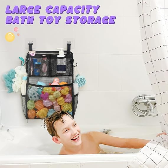 Goowin Bath Toy Storage Holder, Large Openings Bath Toy Organizer, Large Capacity Mesh Bathtub Toy Storage, Multi Use Bath Tub Toy Holder for Bathroom (Black)