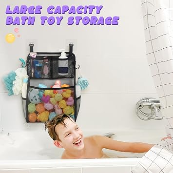Goowin Bath Toy Storage Holder, Large Openings Bath Toy Organizer, Large Capacity Mesh Bathtub Toy Storage, Multi Use Bath Tub Toy Holder for Bathroom (Black)
