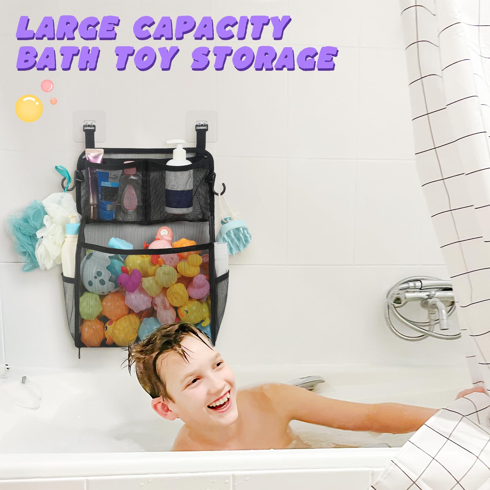 Goowin Bath Toy Storage Holder, Large Openings Bath Toy Organizer, Large Capacity Mesh Bathtub Toy Storage, Multi Use Bath Tub Toy Holder For Bathroom (Black)