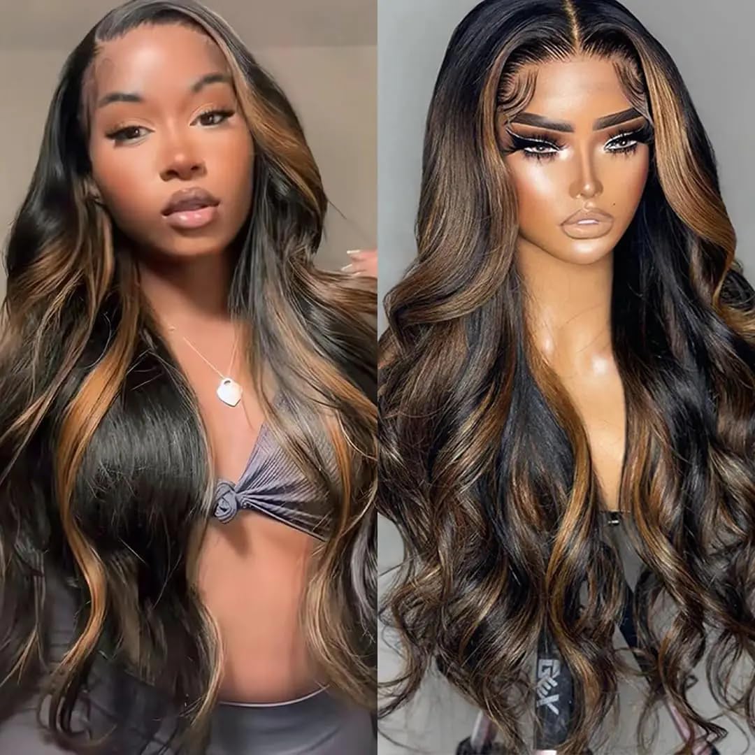 13×6 Body Wave 1B/30 Highlight Lace Front Wig Human Hair 200% Density HD Transparent Ombre Lace Front Wig Human Hair Colored Balayage Wig for Black Women 24 Inch