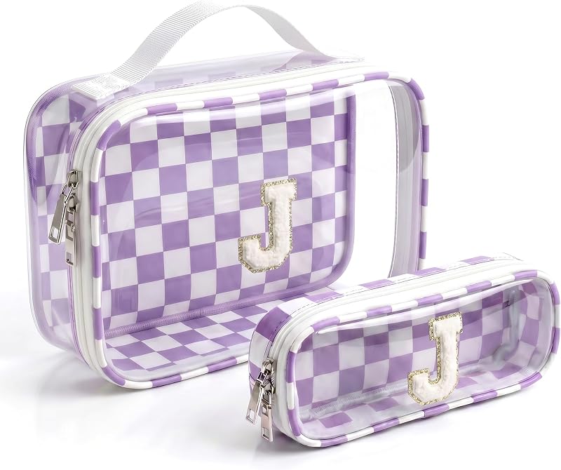 LETGO Conjunto com 2 necessaires xadrez com letras iniciais, janela transparente, roxo e bege