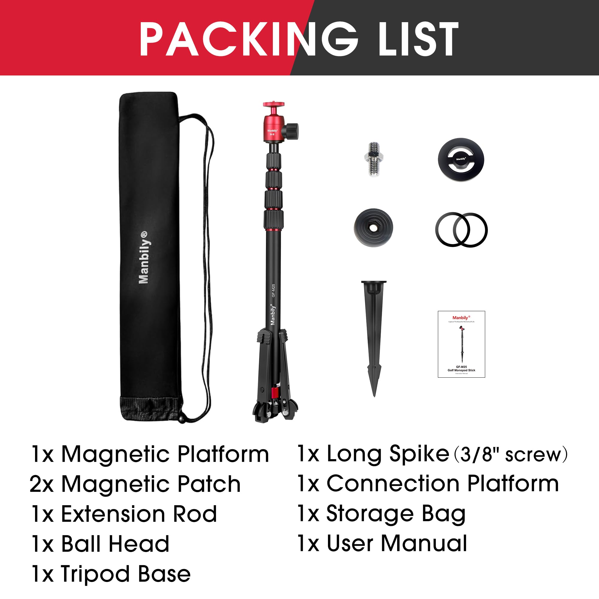 Manbily GF-M25 5-in-1 Golf-Einbeinstativ für Smartphones, Kameras, Einbeinstative, Magnetischer Telefonständer, Selfie-Stick mit langem Erdspieß, Stativ-Basishalterung Verlängerungsstange 1/4" 172cm