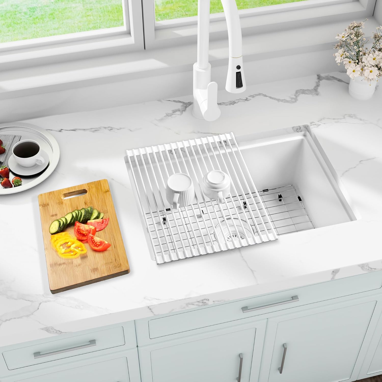 White Undermount Kitchen Sink 25 Inch - Drop In Granite Quartz Composite Workstation Sink - Deep Single Bowl,Dual Mount,with Accessories(White, 25.59" X 17.72")