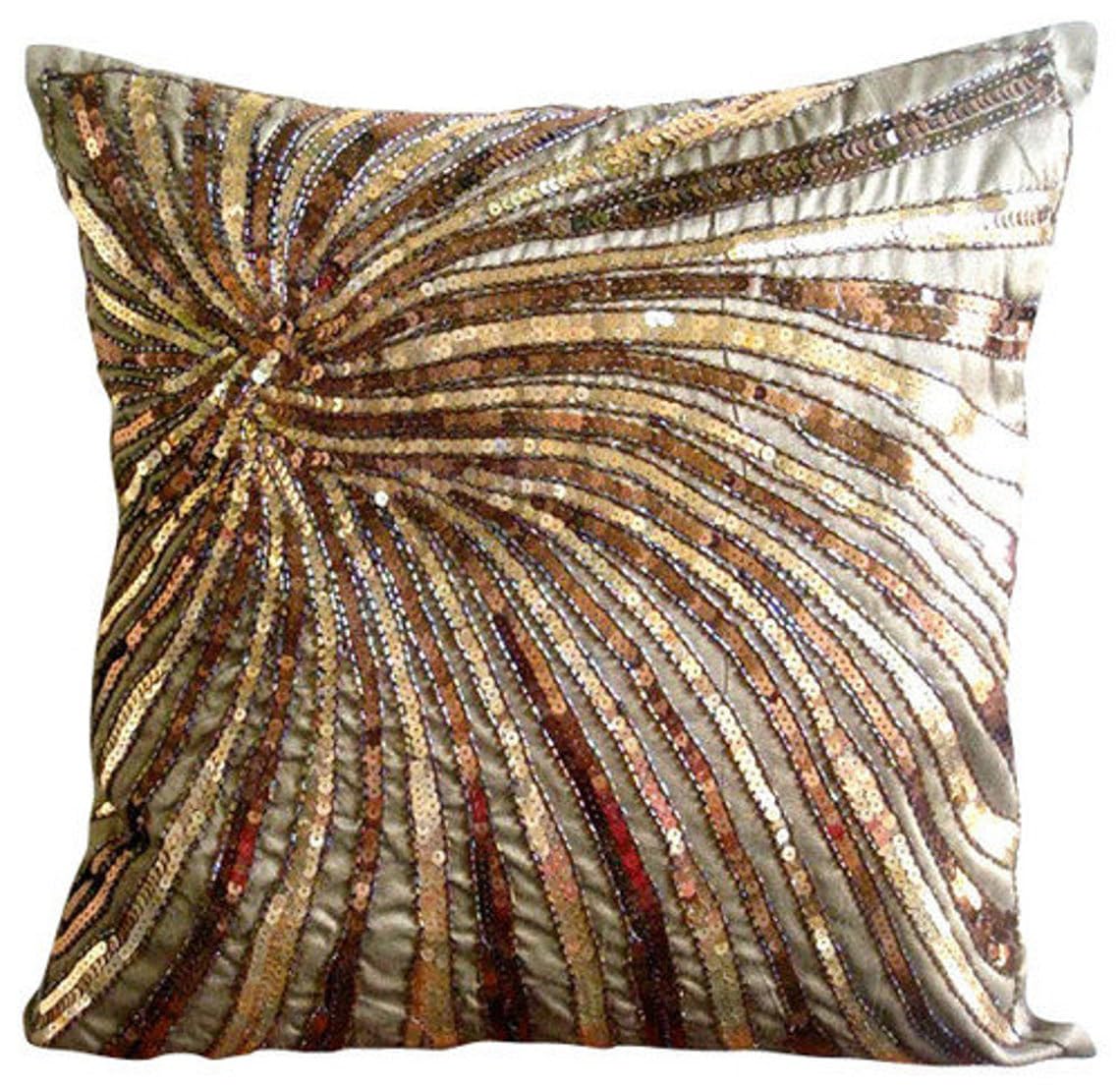 The HomeCentric Brown Cushion Covers, Sequins & Beaded Spiral Glitter 50x50 cm (20x20 inch) Cushion Covers, Contemporary Cushion Cases, Square Silk Cushions Covers for Couch - Gold Bloom โ image 1