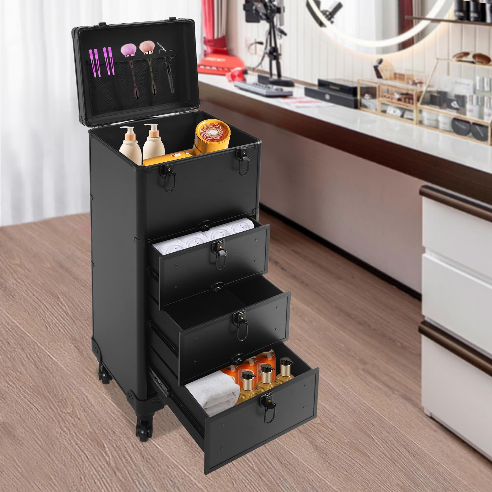 Valigetta per trucchi, a 4 ruote, con 3 cassetti, per trucchi, per trucchi, trucchi, colore nero