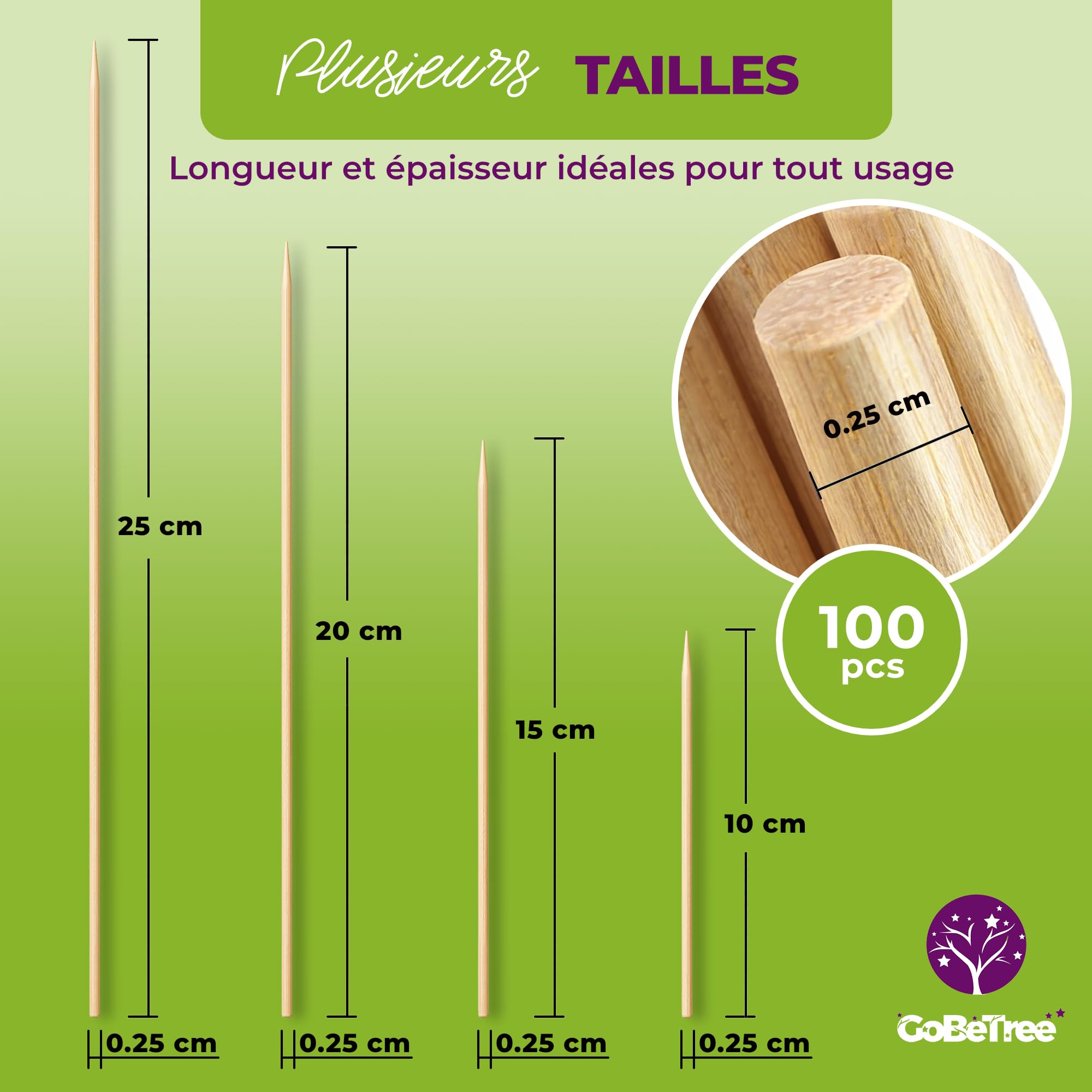 Piques à Brochette en Bois de Bouleau 15 cm x 2,5 mm Extra Résistants pour Barbecue